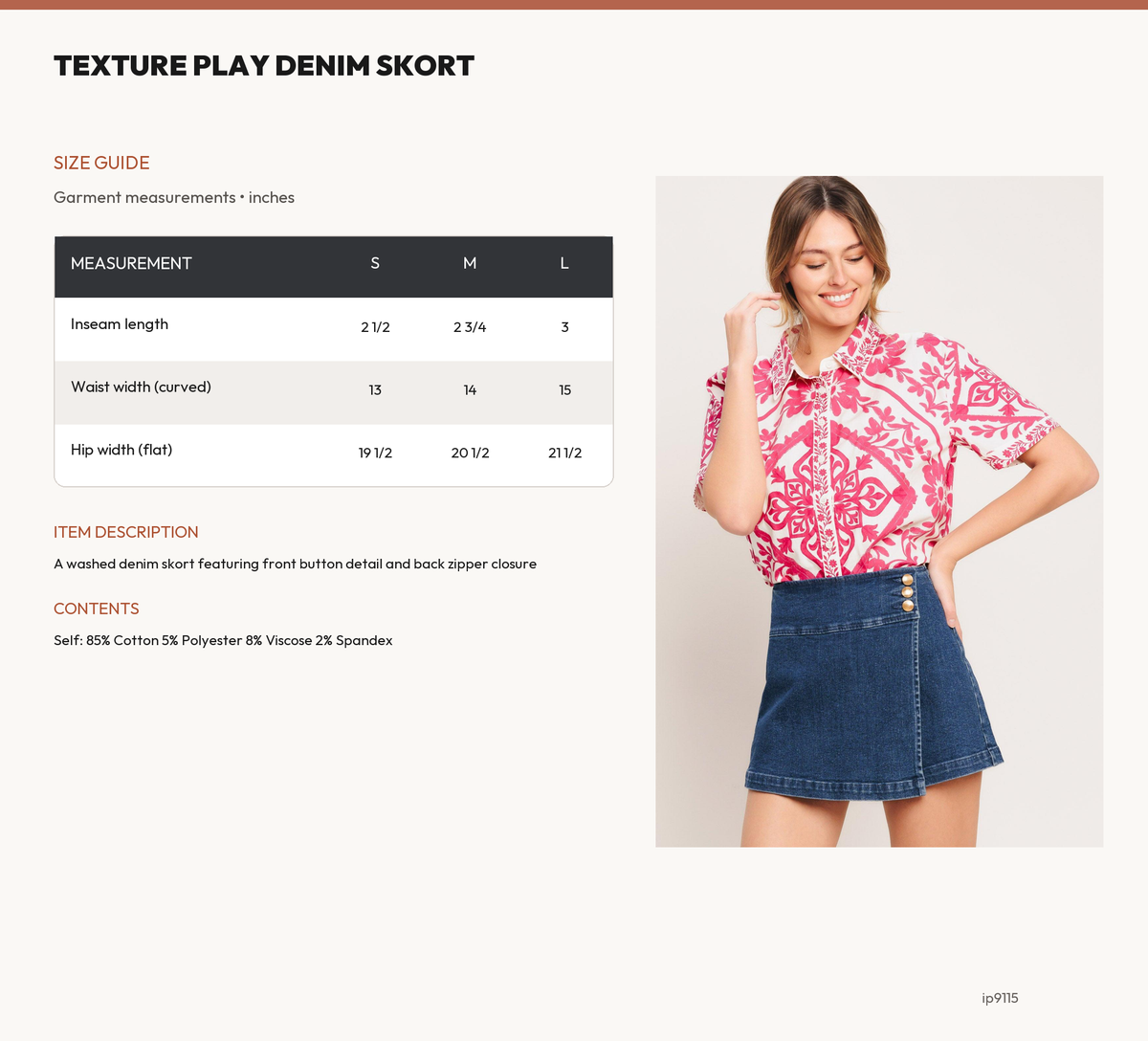 TEXTURE PLAY DENIM SKORT size chart