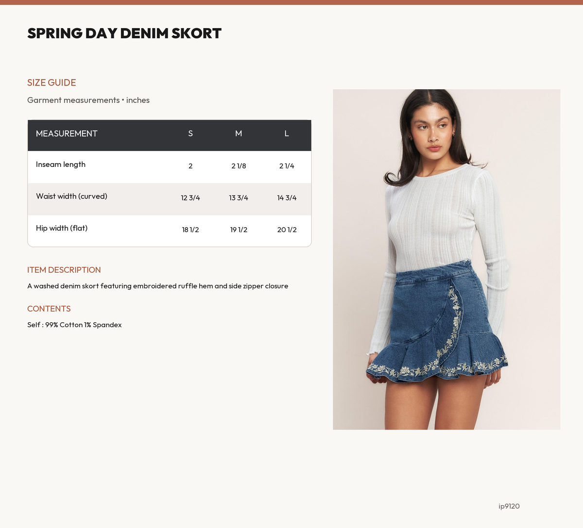 SPRING DAY DENIM SKORT size chart