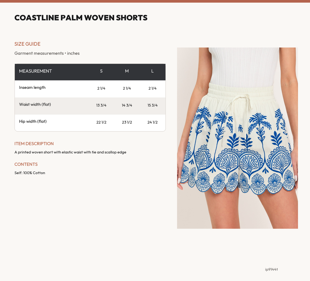 COASTLINE PALM WOVEN SHORTS size chart