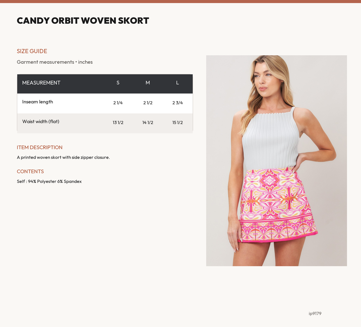 CANDY ORBIT WOVEN SKORT size chart