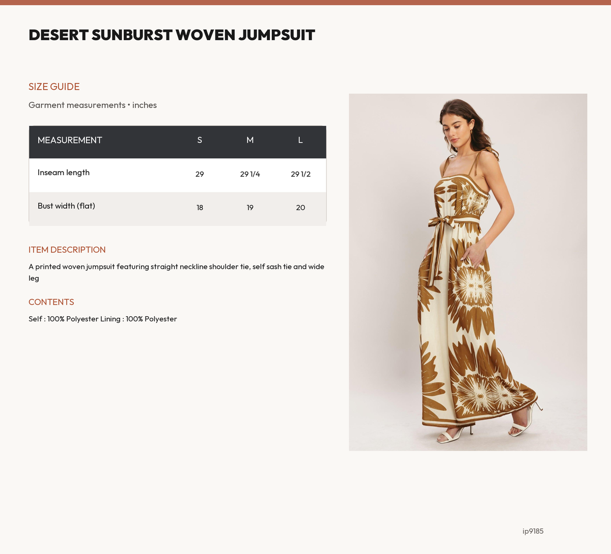DESERT SUNBURST WOVEN JUMPSUIT size chart