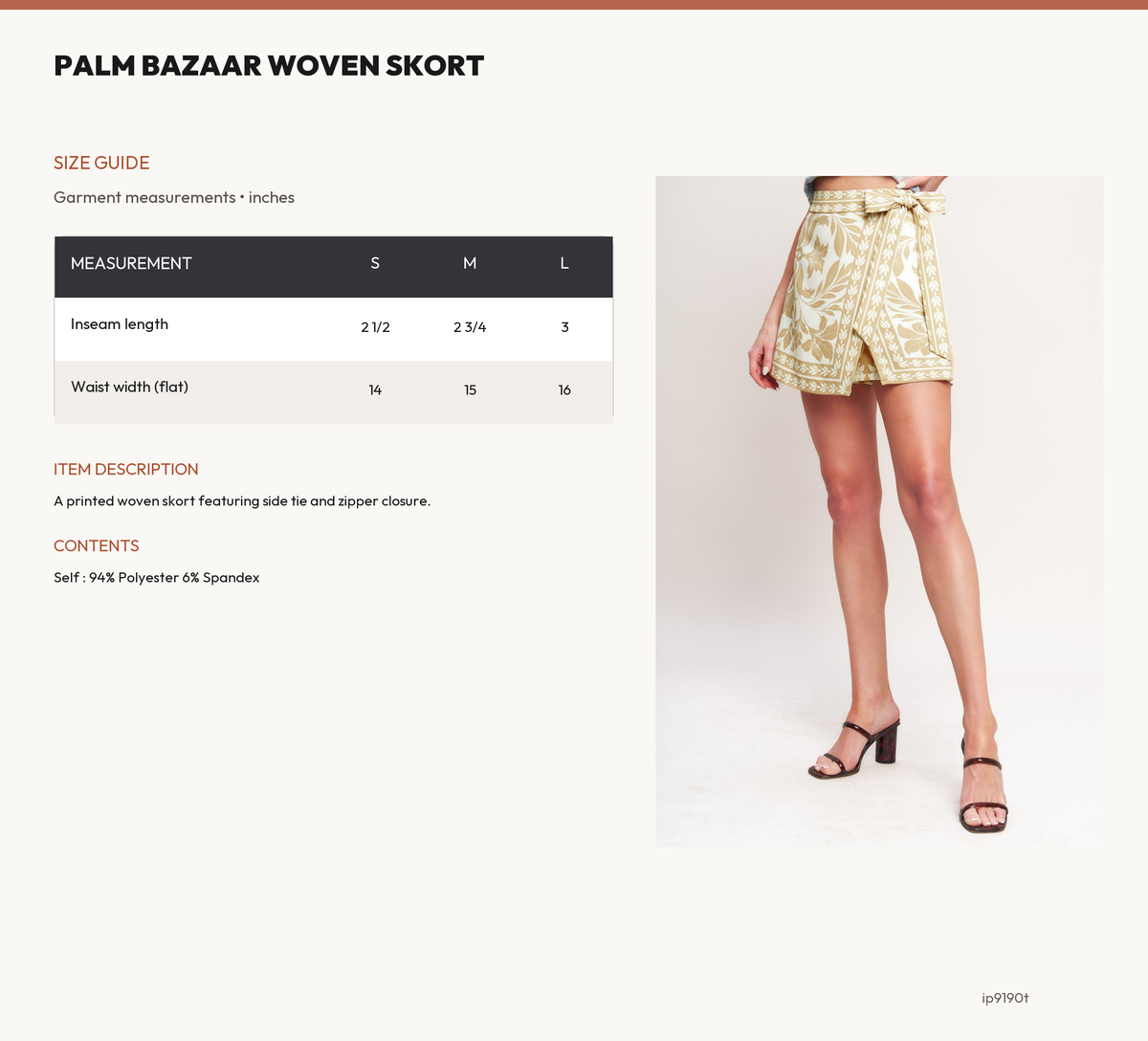 PALM BAZAAR WOVEN SKORT size chart