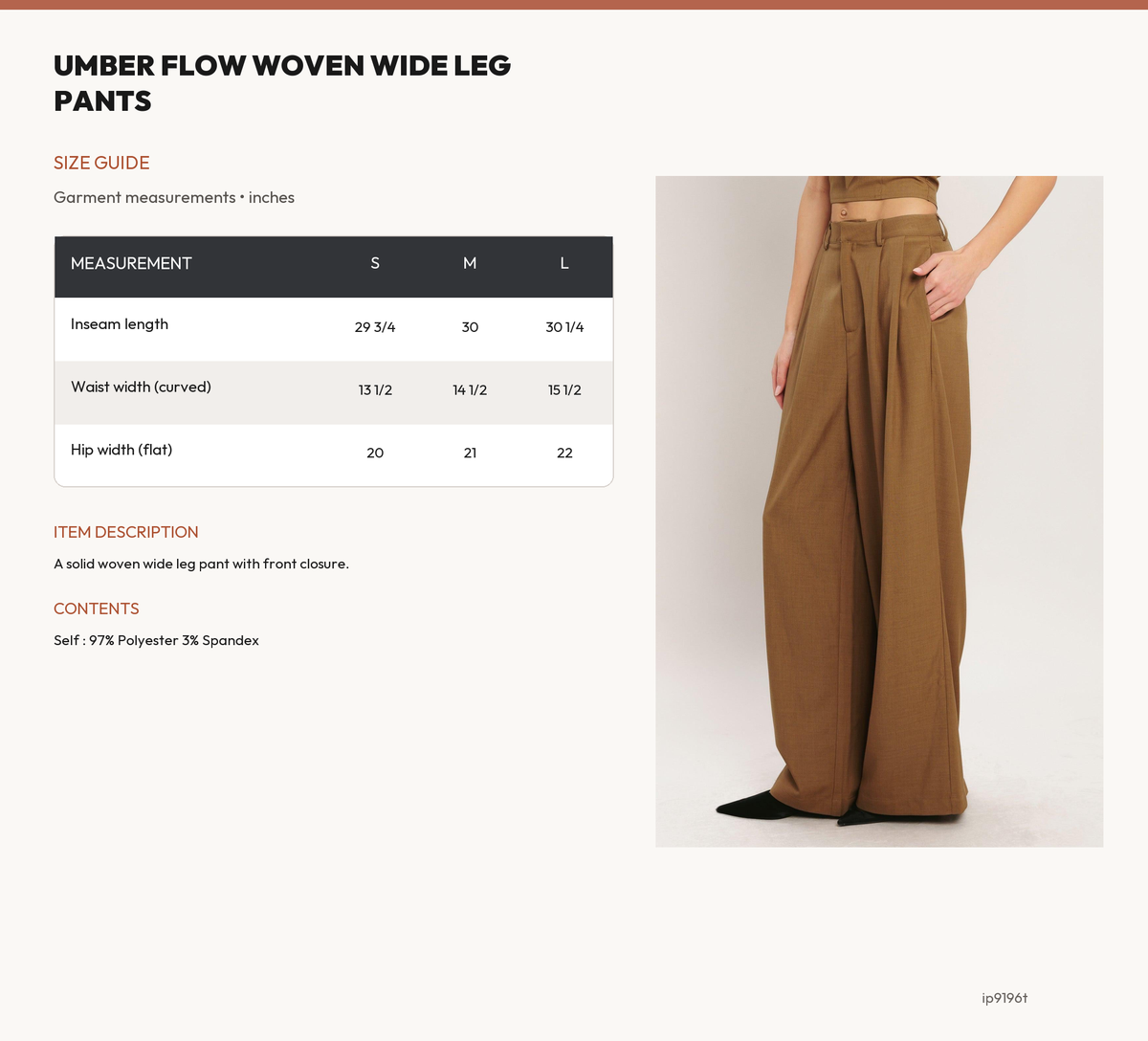 UMBER FLOW WOVEN WIDE LEG PANTS size chart