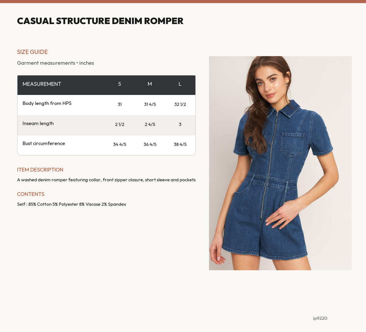 CASUAL STRUCTURE DENIM ROMPER size chart