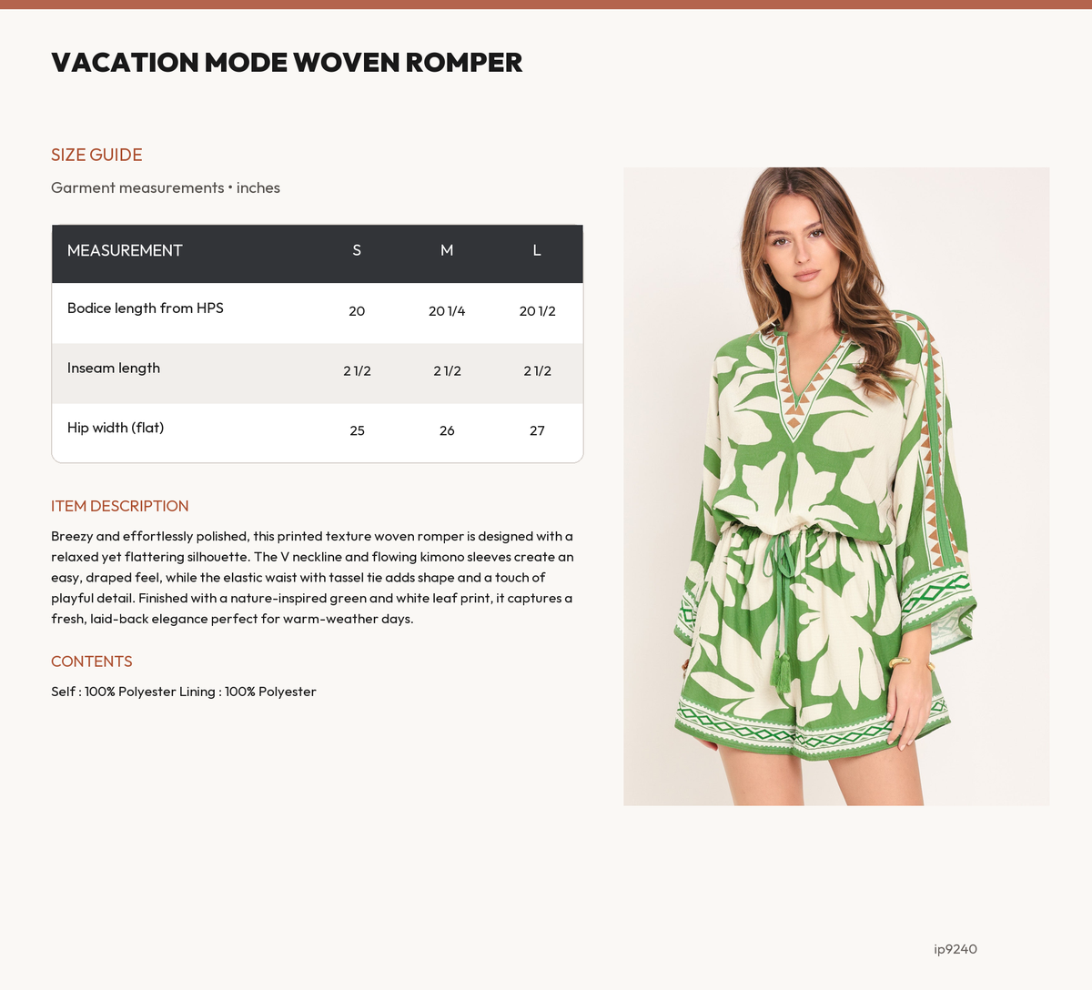 VACATION MODE WOVEN ROMPER size chart
