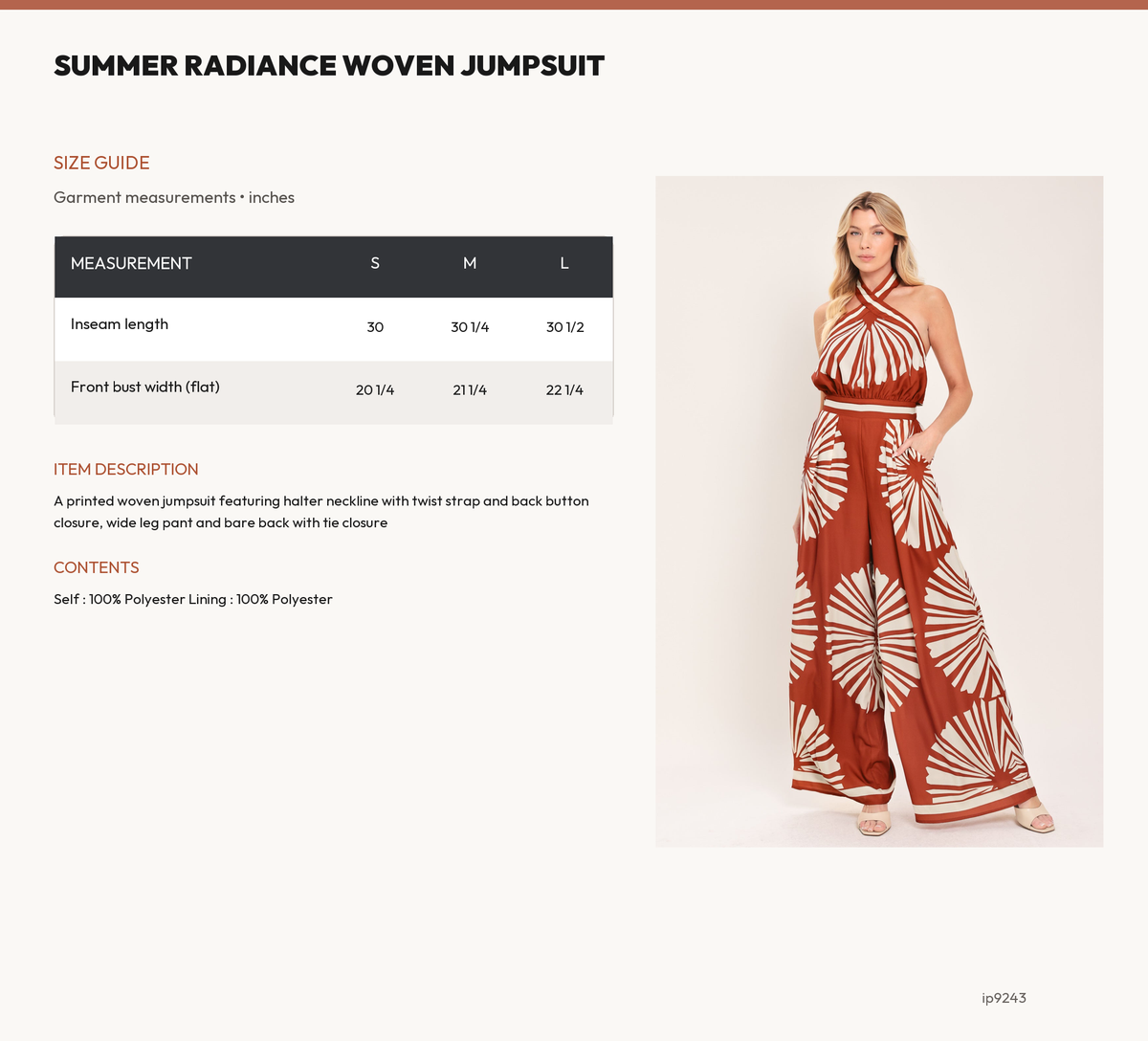 SUMMER RADIANCE WOVEN JUMPSUIT size chart
