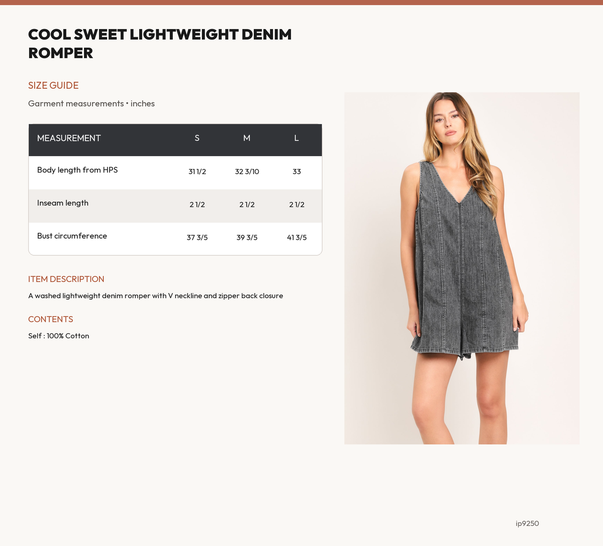 COOL SWEET LIGHTWEIGHT DENIM ROMPER size chart