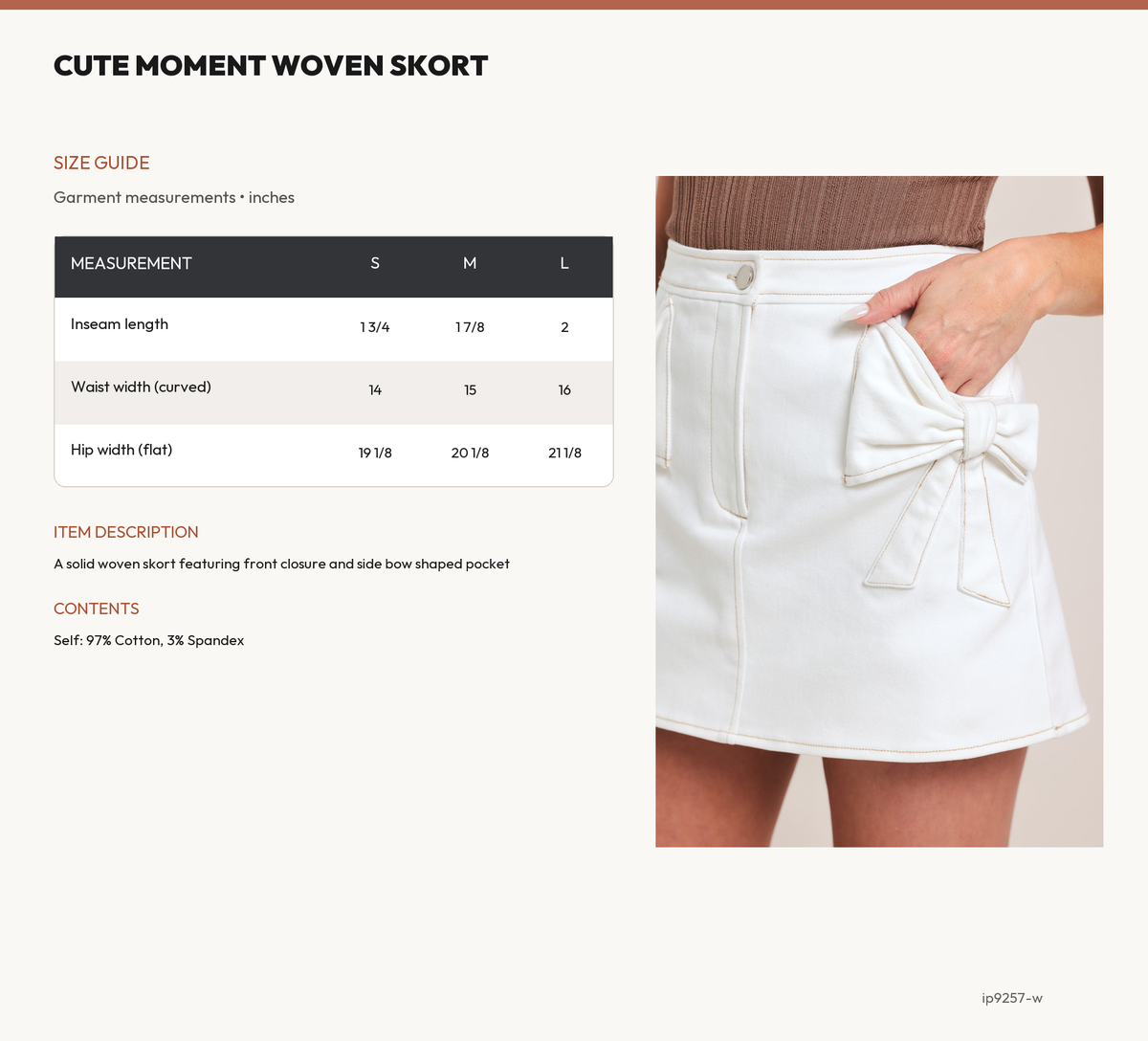 CUTE MOMENT WOVEN SKORT size chart