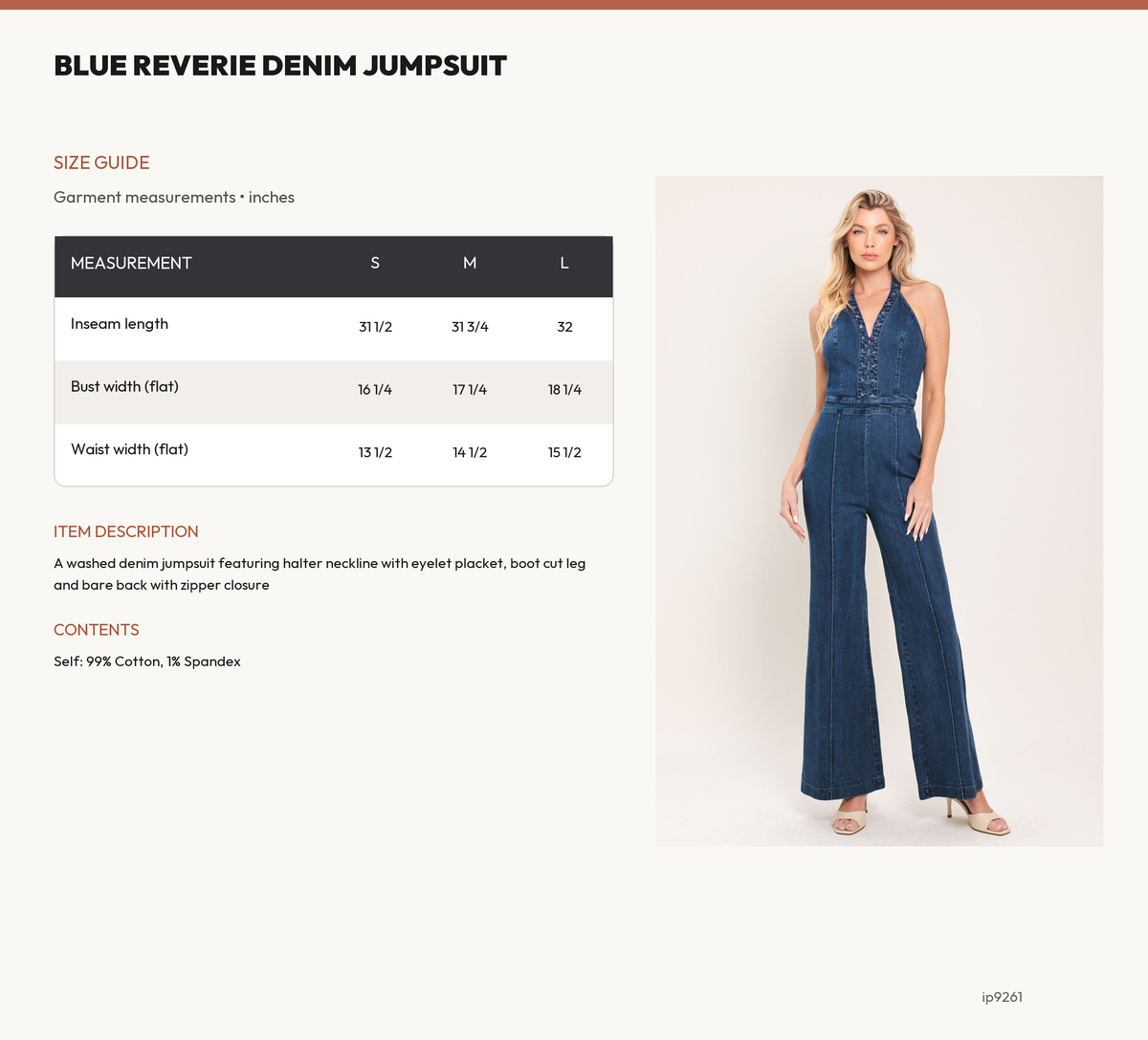 BLUE REVERIE DENIM JUMPSUIT size chart