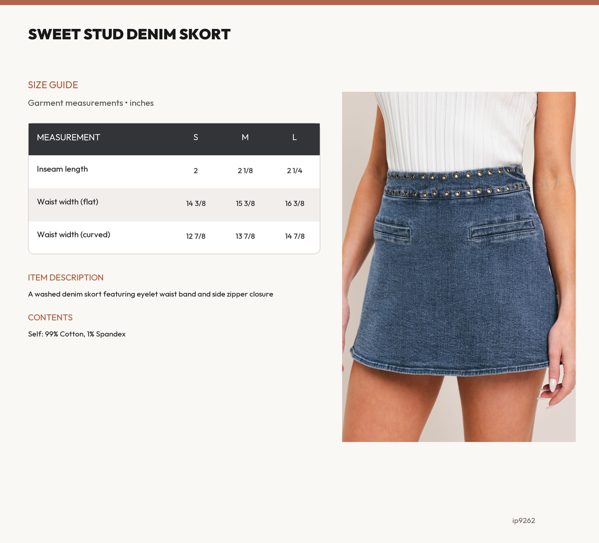 SWEET STUD DENIM SKORT size chart