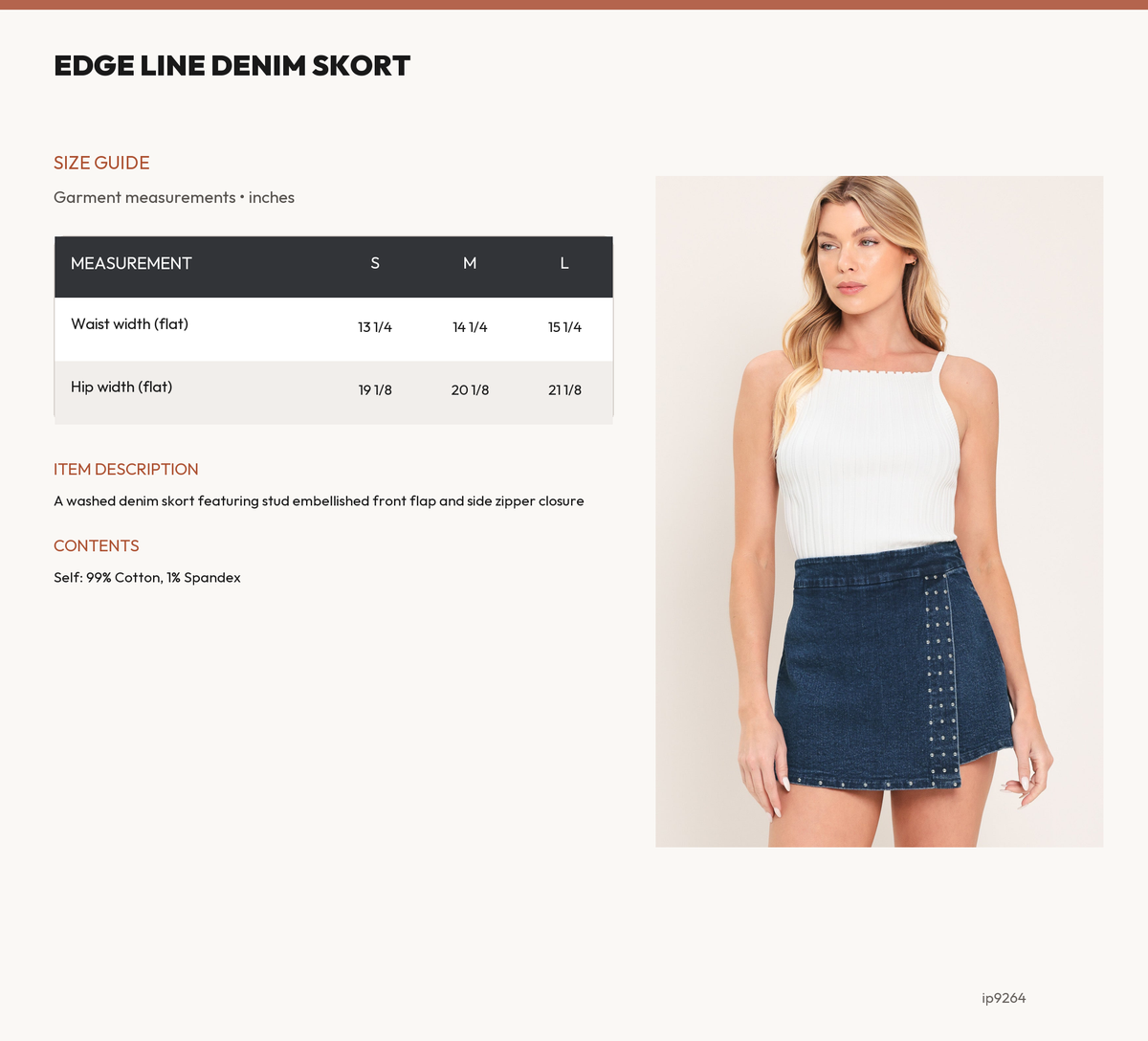 EDGE LINE DENIM SKORT size chart