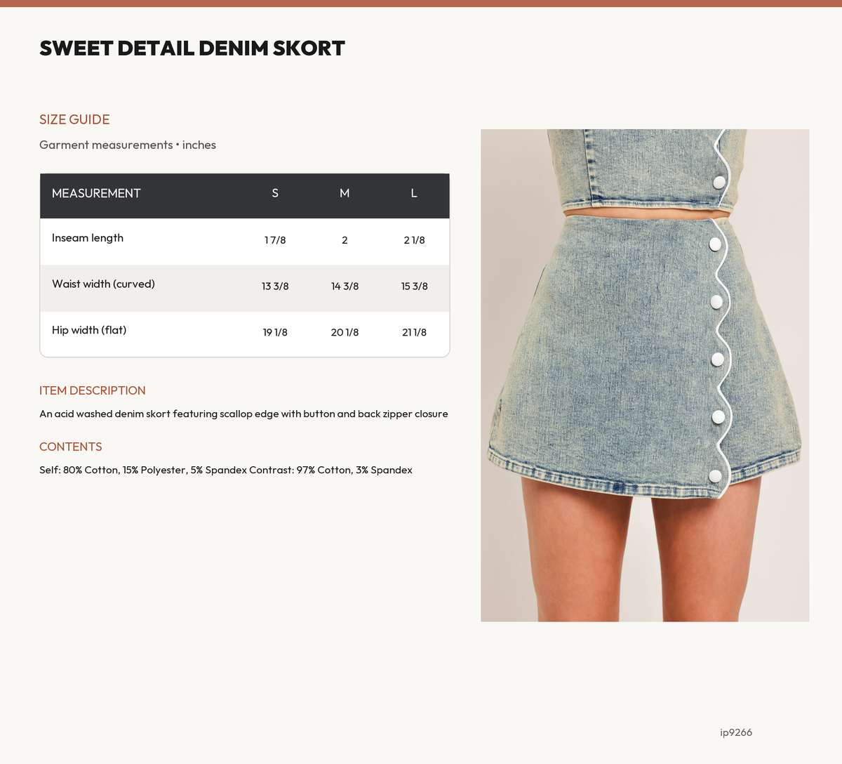 SWEET DETAIL DENIM SKORT size chart