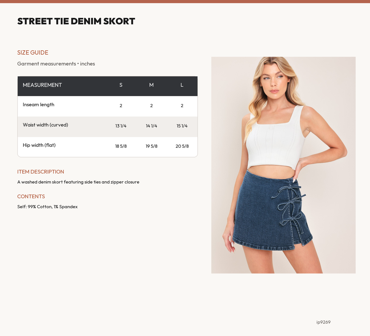 STREET TIE DENIM SKORT size chart