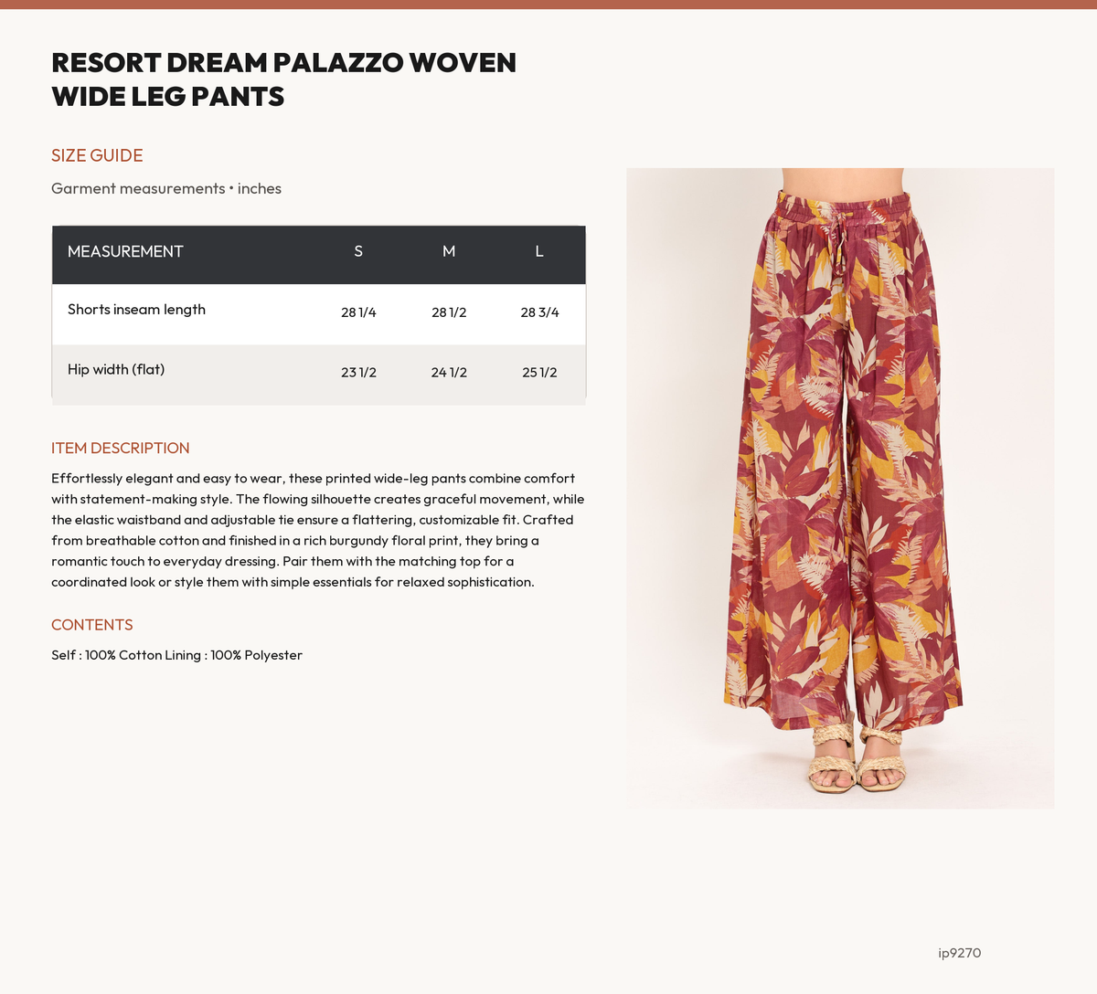 RESORT DREAM PALAZZO WOVEN WIDE LEG PANTS size chart