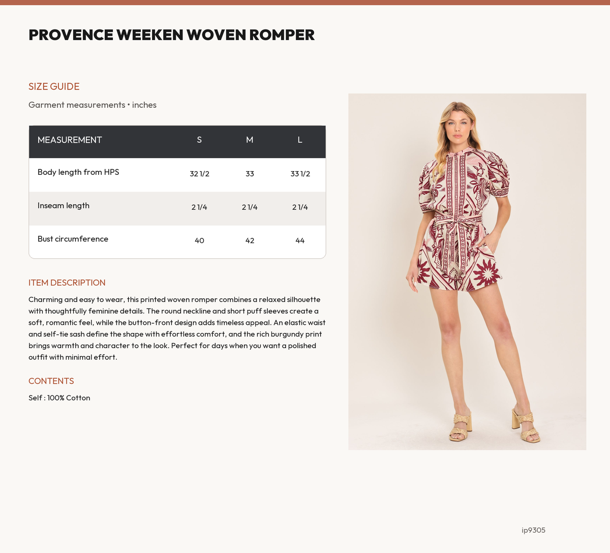 PROVENCE WEEKEN WOVEN ROMPER size chart