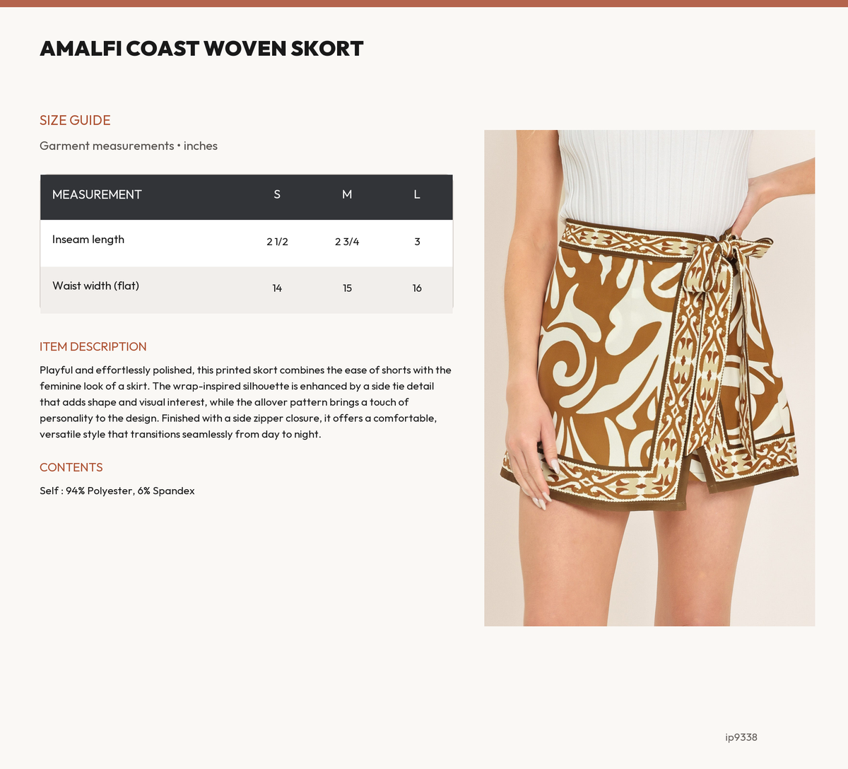 AMALFI COAST WOVEN SKORT size chart