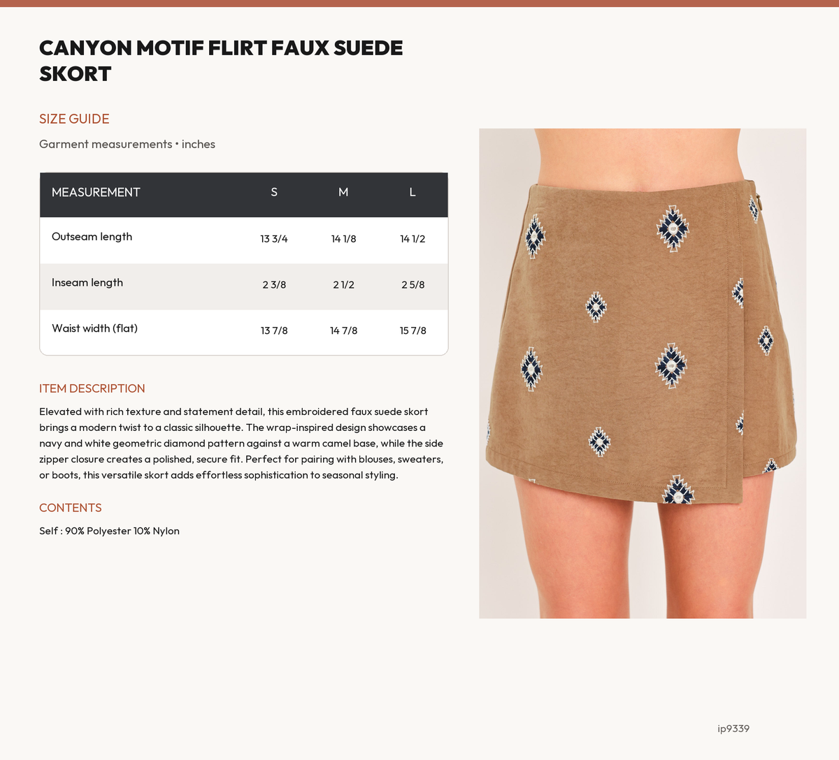 CANYON MOTIF FLIRT FAUX SUEDE SKORT size chart