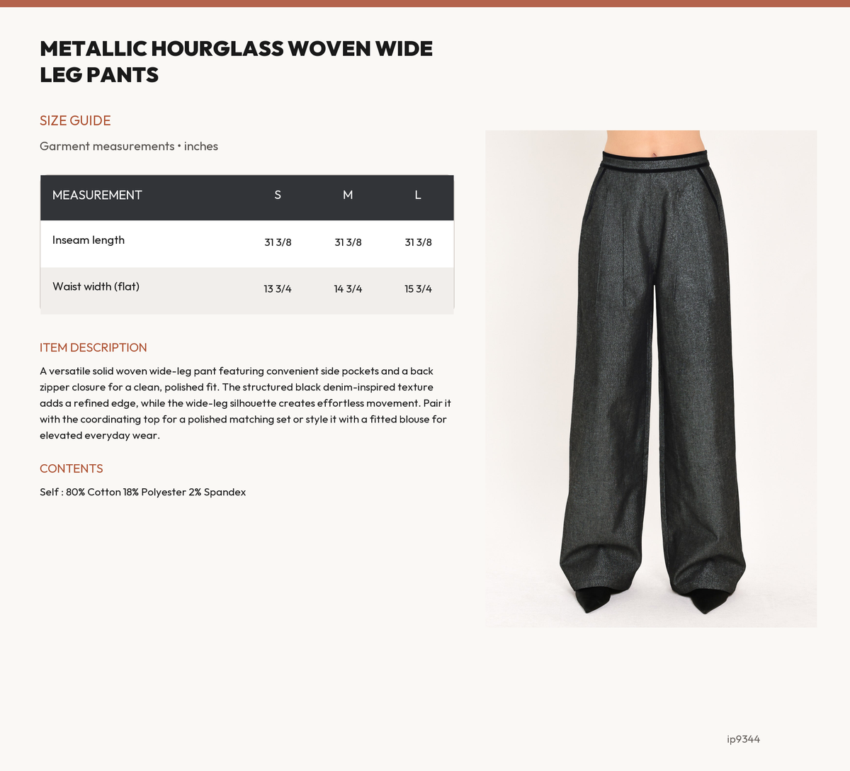 METALLIC HOURGLASS WOVEN WIDE LEG PANTS size chart