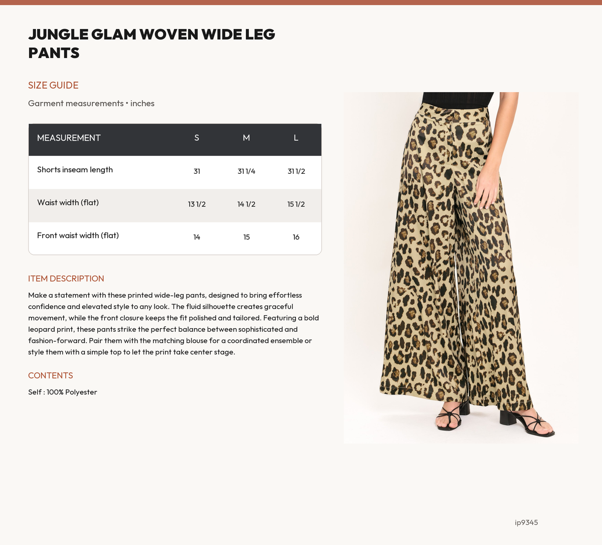 JUNGLE GLAM WOVEN WIDE LEG PANTS size chart