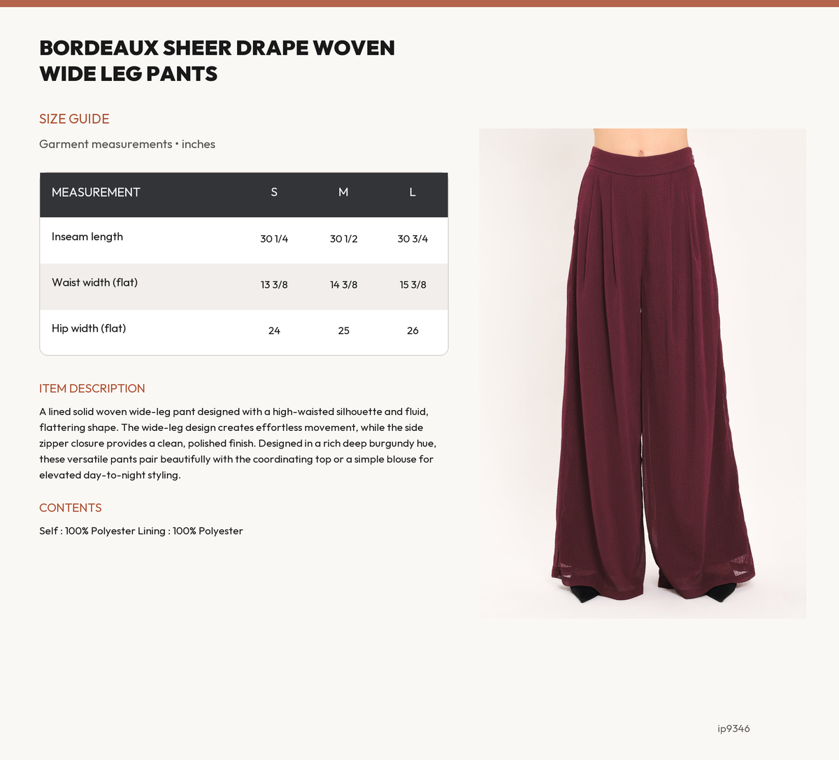 BORDEAUX SHEER DRAPE WOVEN WIDE LEG PANTS size chart