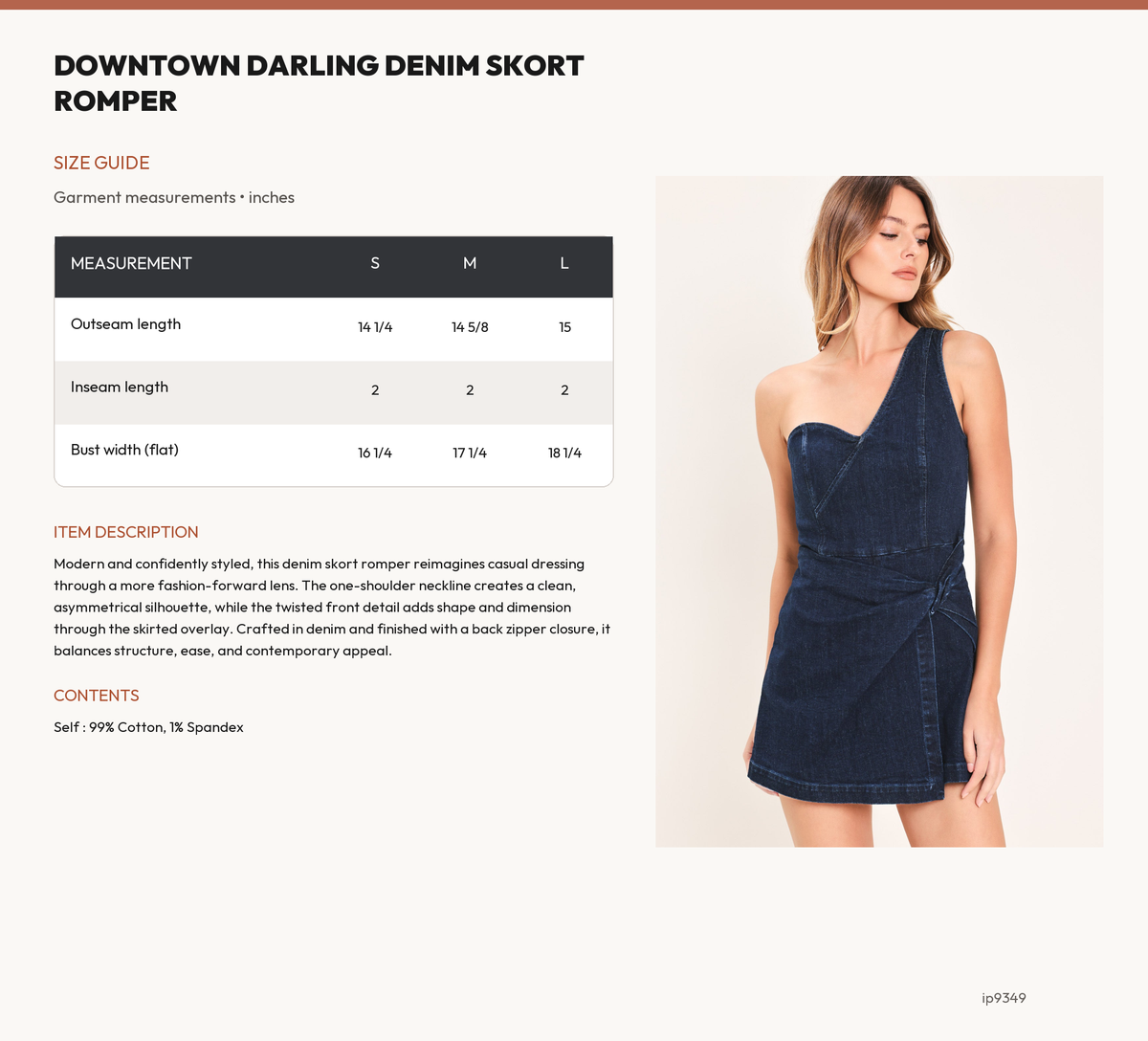 DOWNTOWN DARLING DENIM SKORT ROMPER size chart