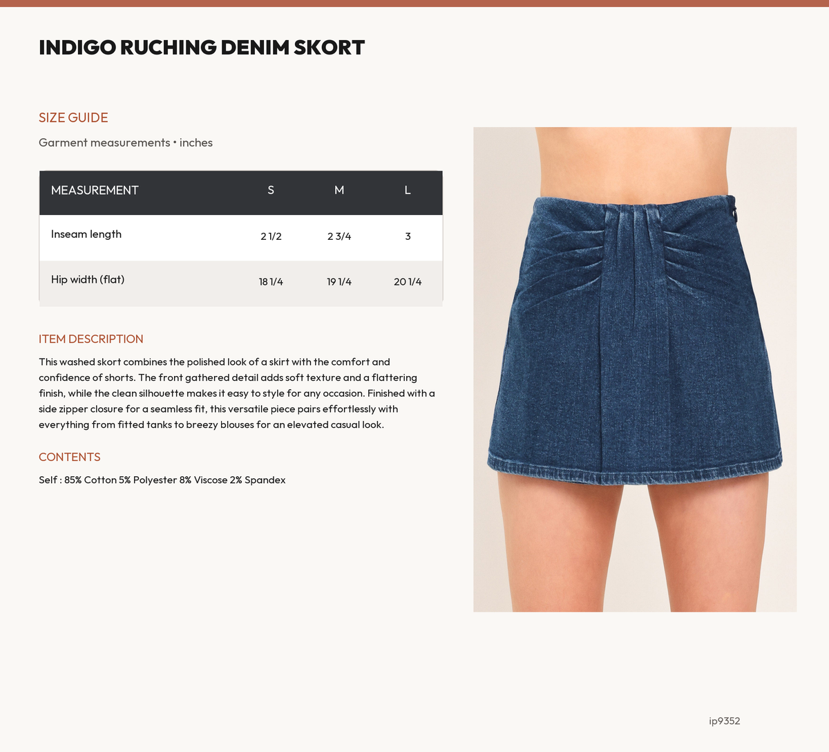INDIGO RUCHING DENIM SKORT size chart