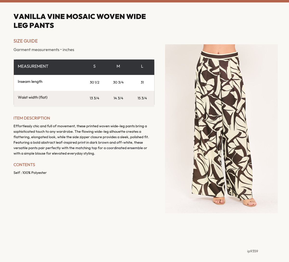 VANILLA VINE MOSAIC WOVEN WIDE LEG PANTS size chart
