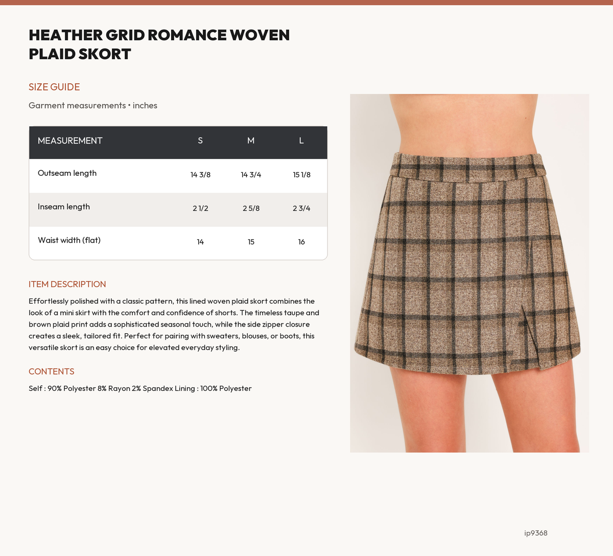 HEATHER GRID ROMANCE WOVEN PLAID SKORT size chart
