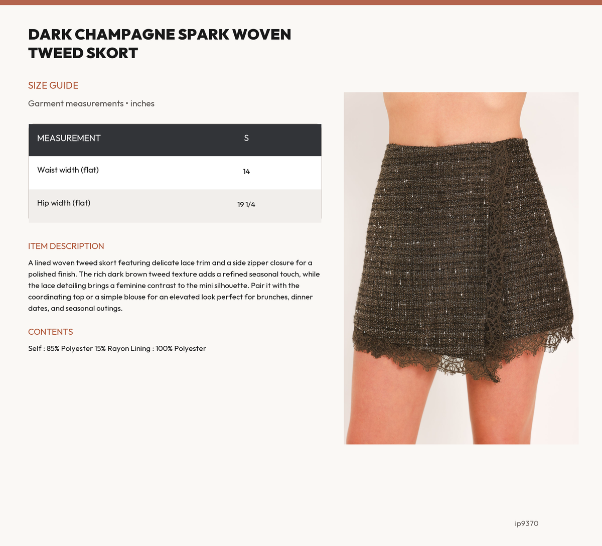 DARK CHAMPAGNE SPARK WOVEN TWEED SKORT size chart