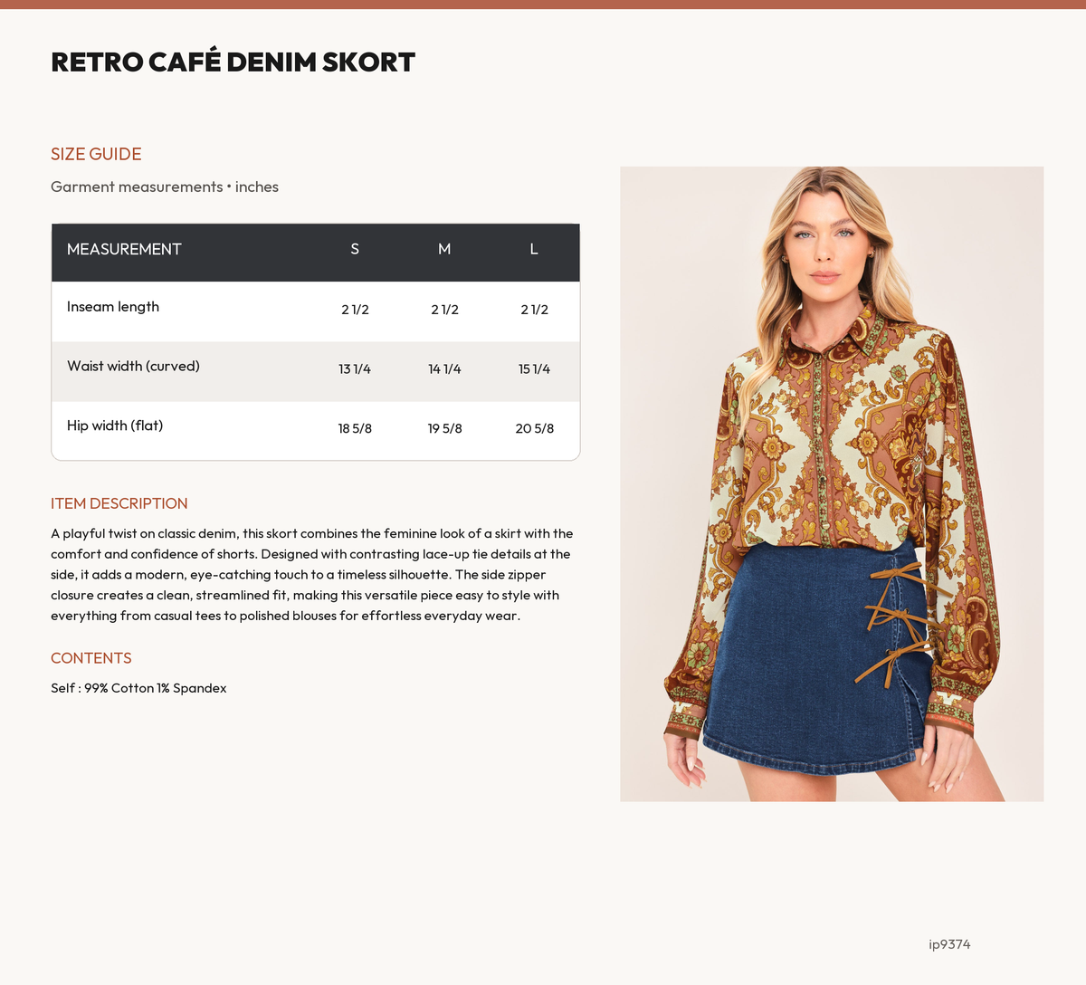 RETRO CAFÉ DENIM SKORT size chart