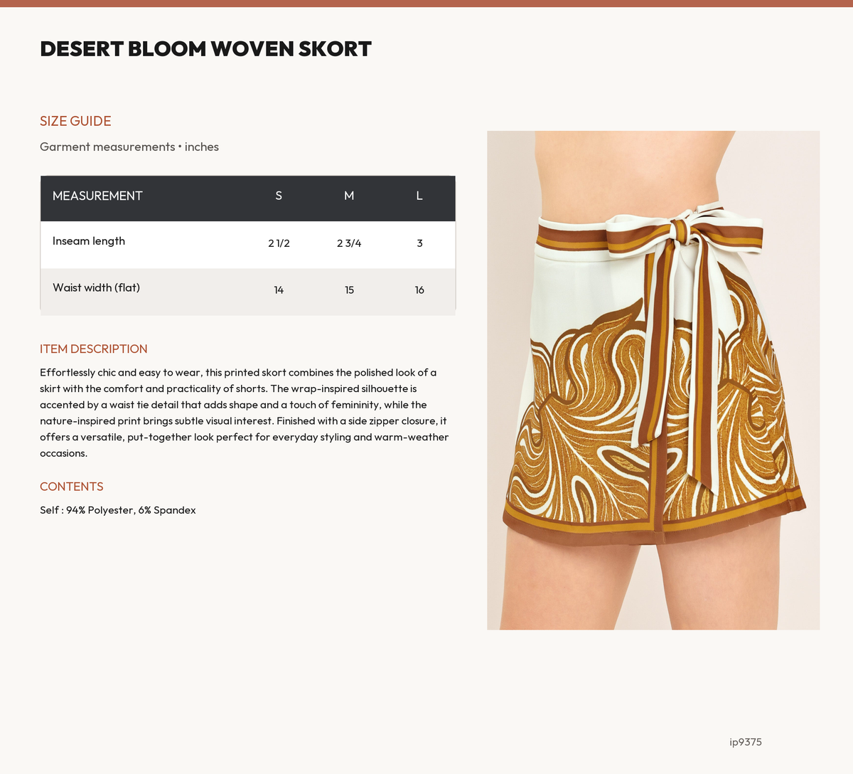 DESERT BLOOM WOVEN SKORT size chart