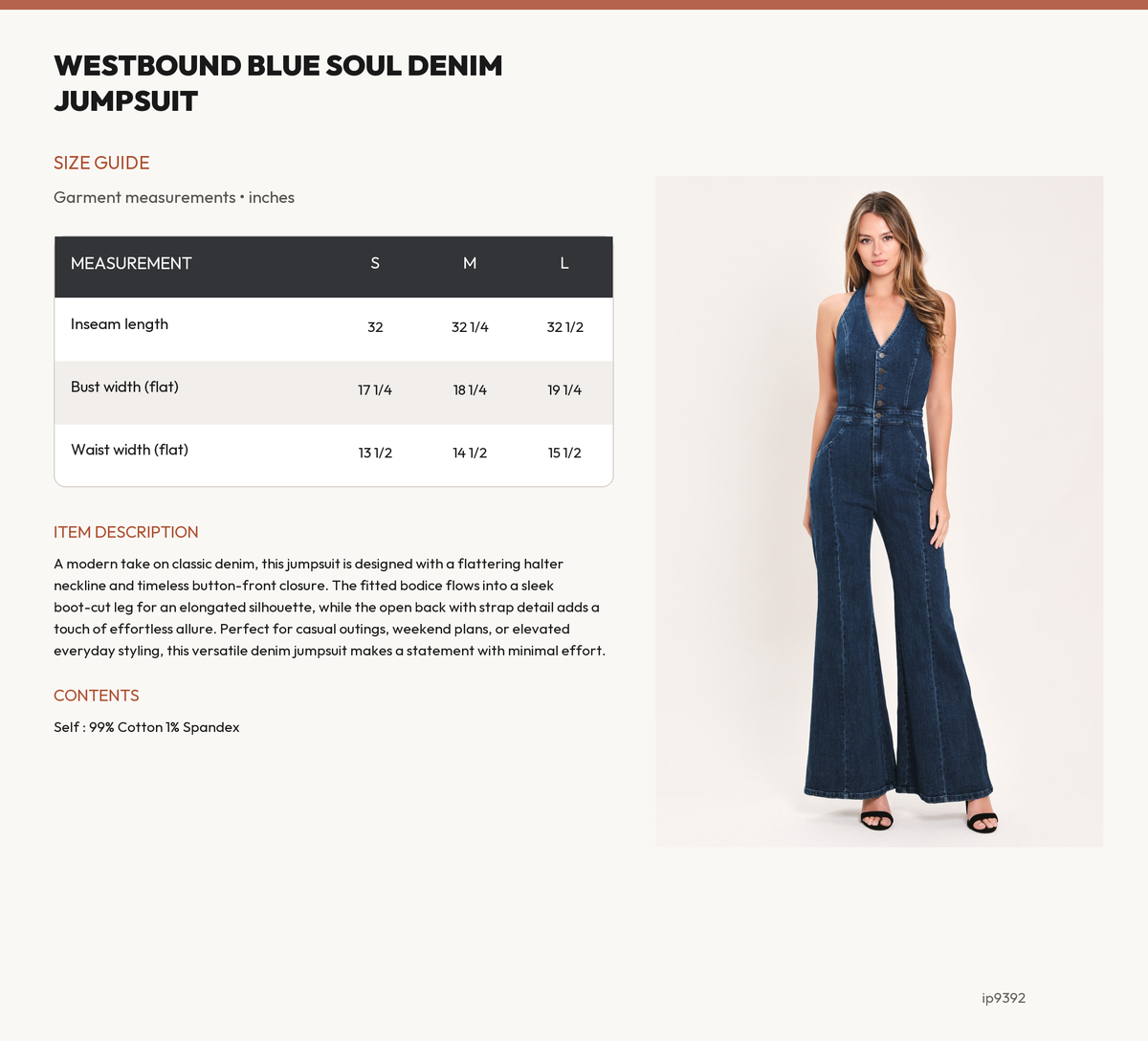 WESTBOUND BLUE SOUL DENIM JUMPSUIT size chart