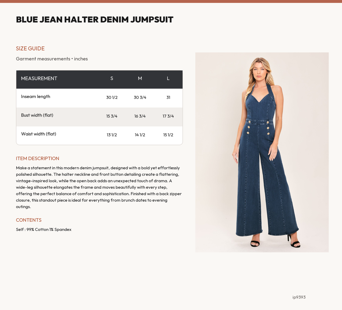 BLUE JEAN HALTER DENIM JUMPSUIT size chart