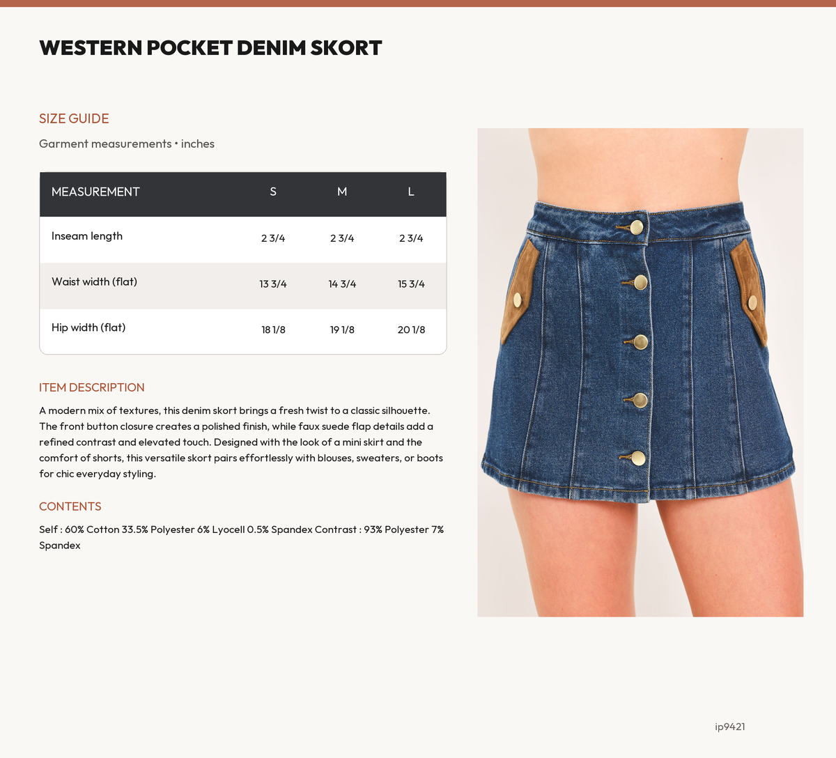 WESTERN POCKET DENIM SKORT size chart