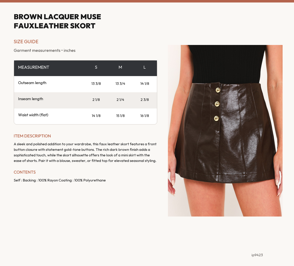 BROWN LACQUER MUSE FAUXLEATHER SKORT size chart