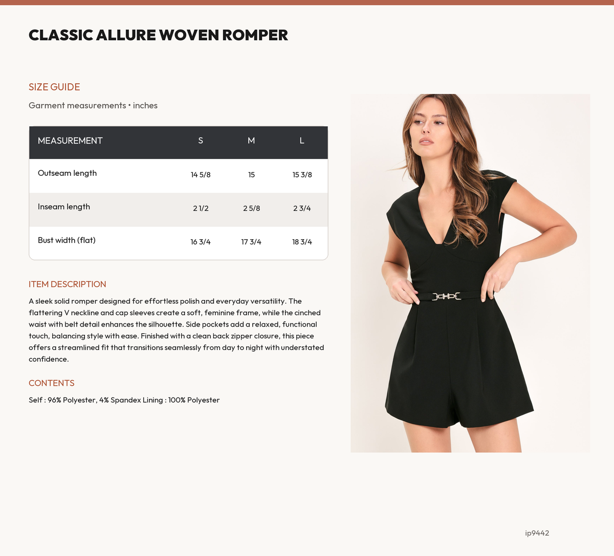 CLASSIC ALLURE WOVEN ROMPER size chart