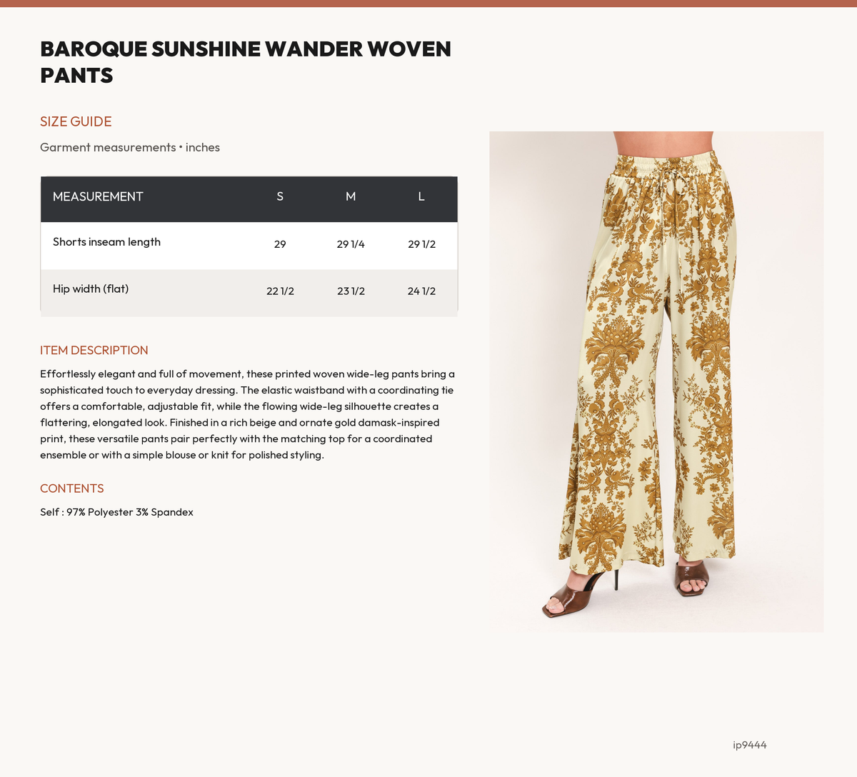 BAROQUE SUNSHINE WANDER WOVEN PANTS size chart