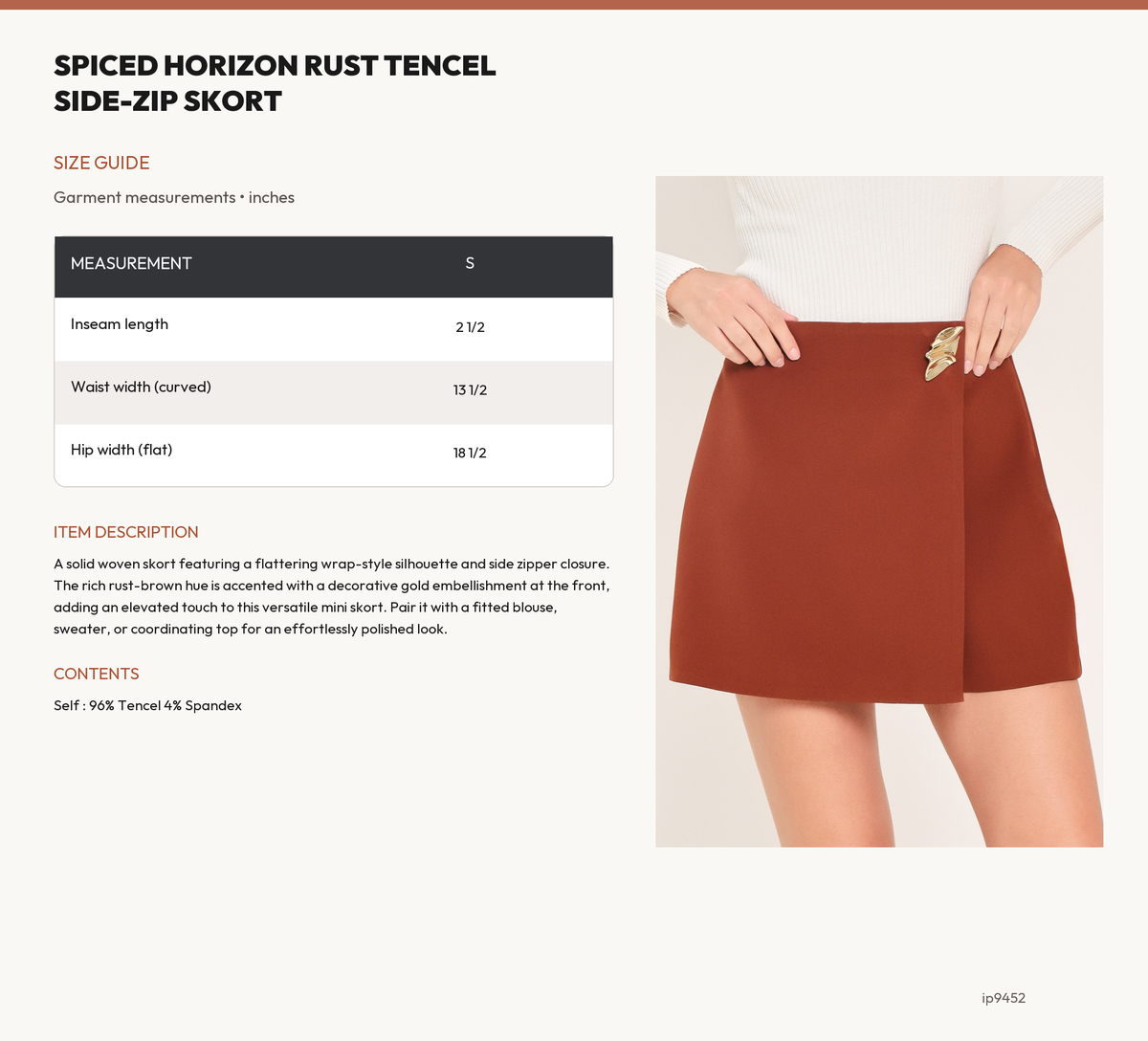 SPICED HORIZON RUST TENCEL SIDE-ZIP SKORT size chart
