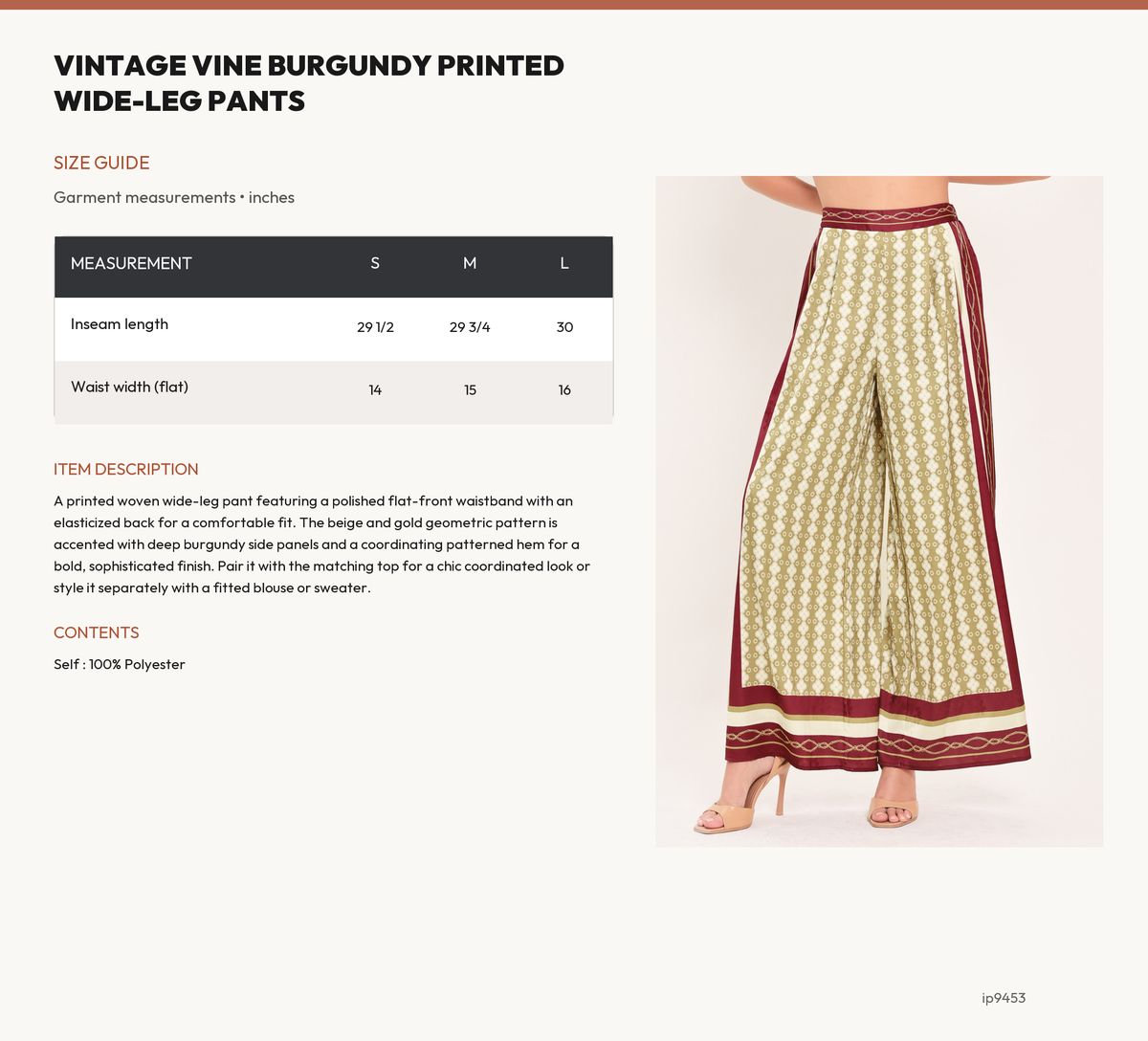 VINTAGE VINE BURGUNDY PRINTED WIDE-LEG PANTS size chart
