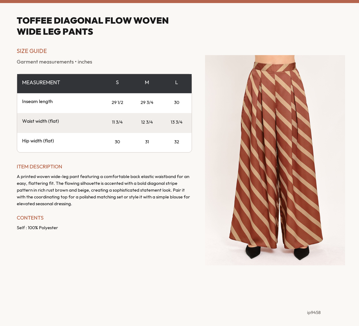 TOFFEE DIAGONAL FLOW WOVEN WIDE LEG PANTS size chart