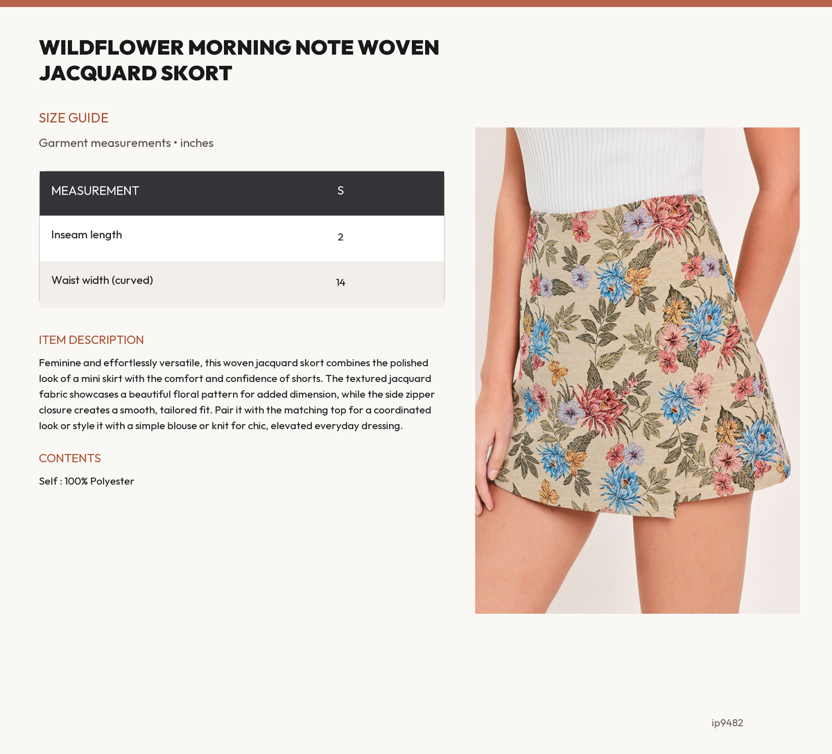 WILDFLOWER MORNING NOTE WOVEN JACQUARD SKORT size chart