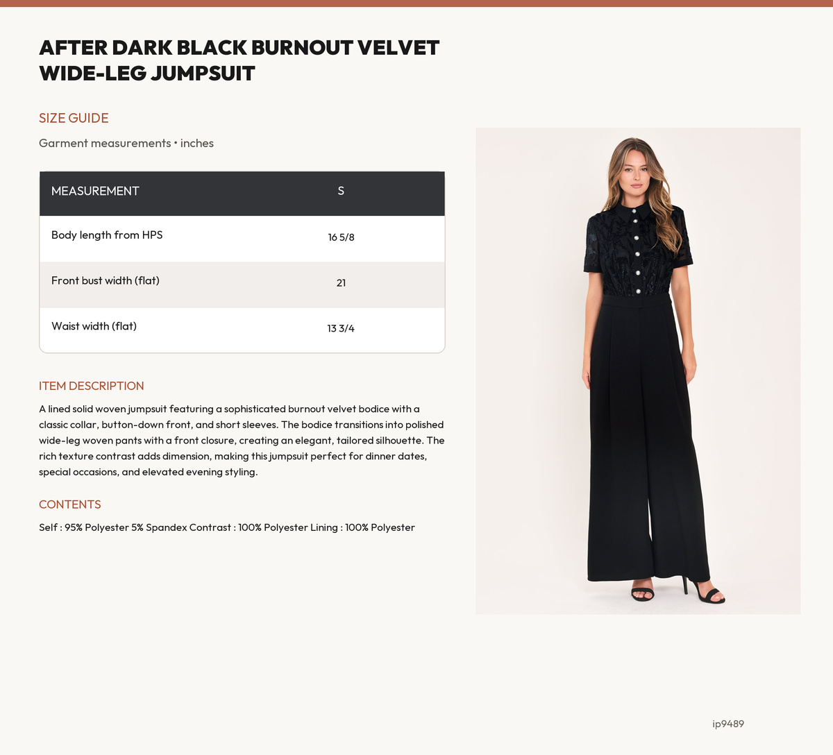 AFTER DARK BLACK BURNOUT VELVET WIDE-LEG JUMPSUIT size chart