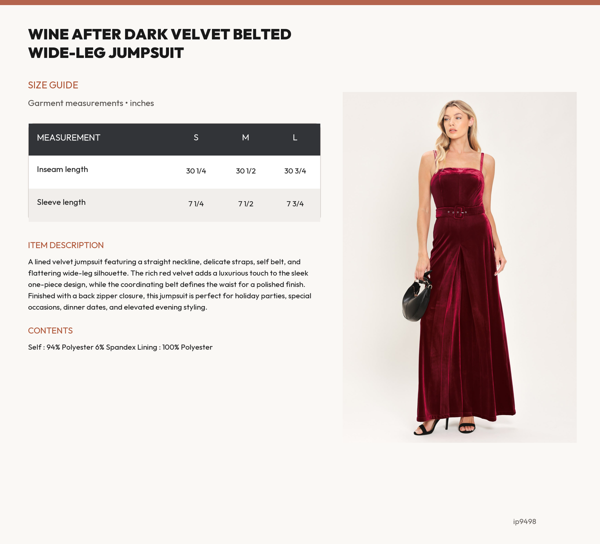WINE AFTER DARK VELVET BELTED WIDE-LEG JUMPSUIT size chart