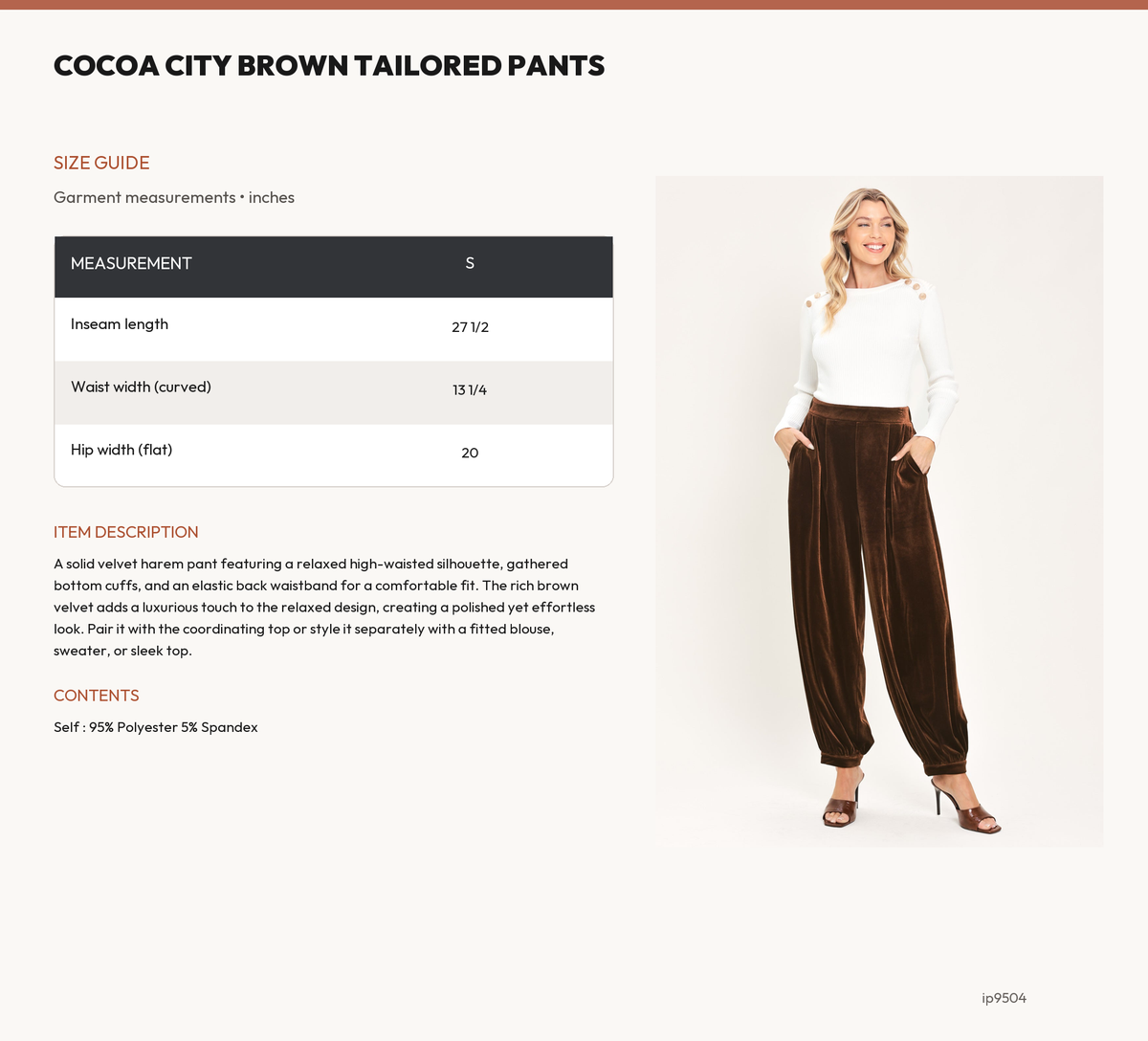 COCOA CITY BROWN TAILORED PANTS size chart