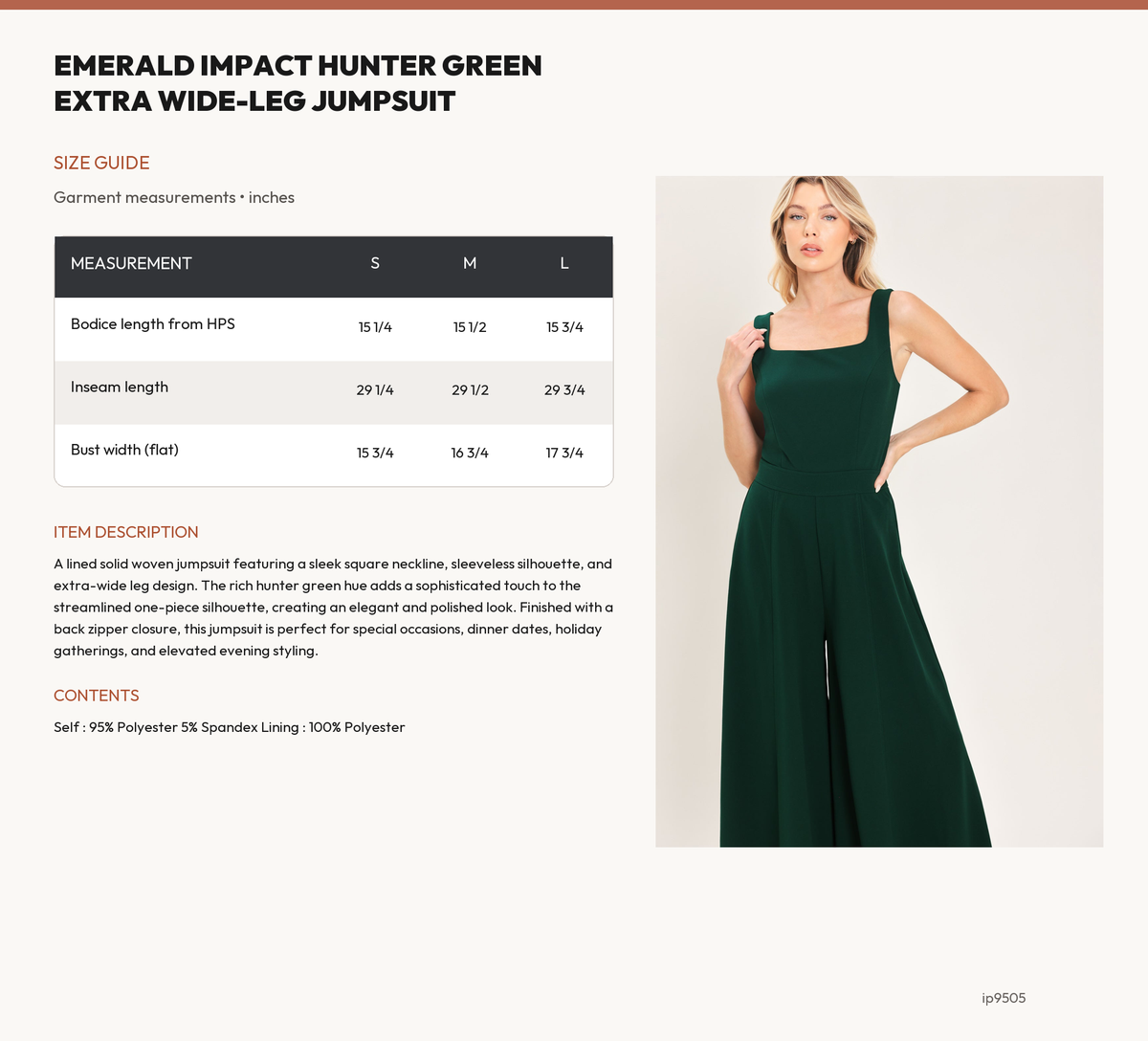 EMERALD IMPACT HUNTER GREEN EXTRA WIDE-LEG JUMPSUIT size chart