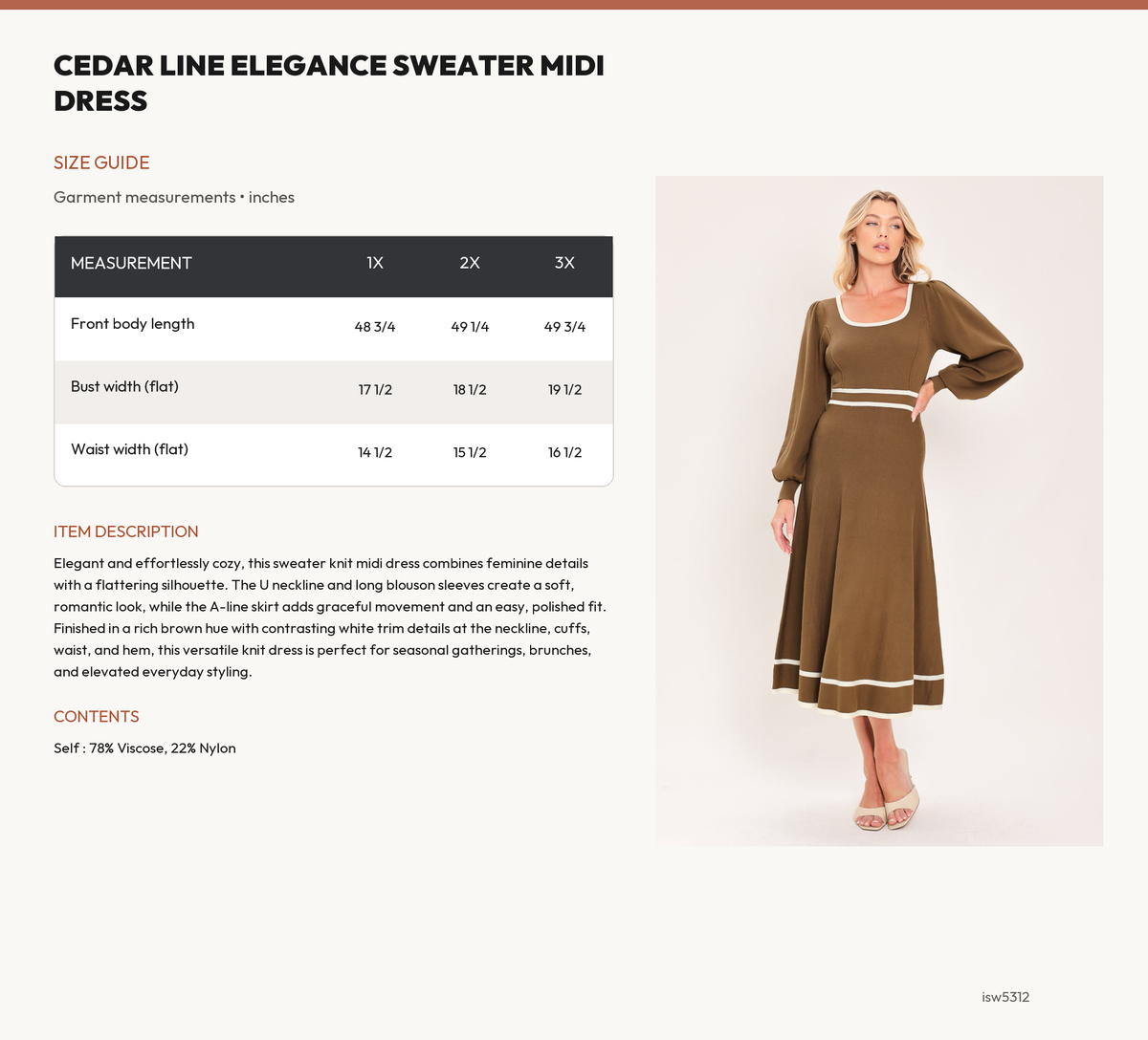 CEDAR LINE ELEGANCE SWEATER MIDI DRESS size chart