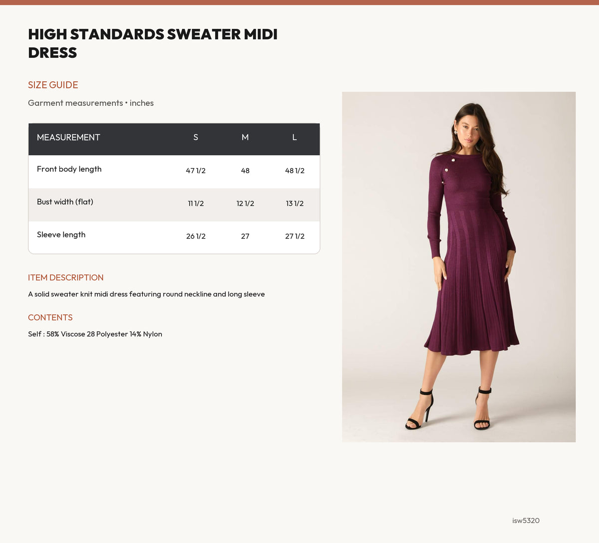 HIGH STANDARDS SWEATER MIDI DRESS size chart
