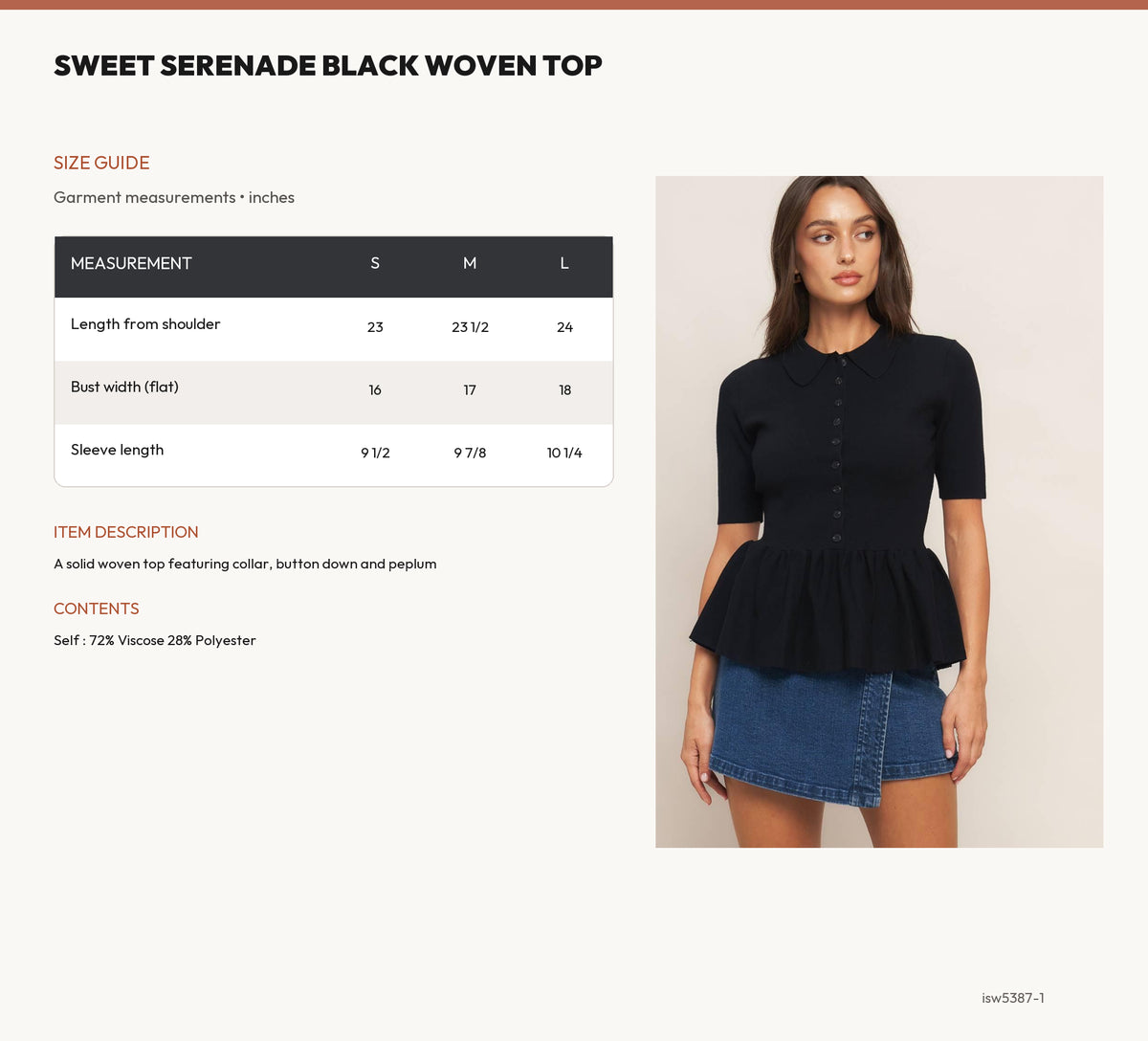 SWEET SERENADE BLACK WOVEN TOP size chart
