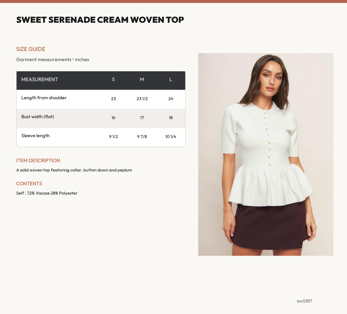 SWEET SERENADE CREAM WOVEN TOP size chart