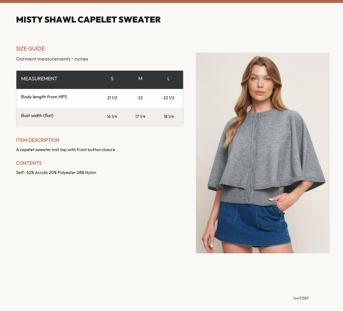 MISTY SHAWL CAPELET SWEATER size chart